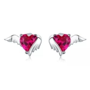 Heart guardian wing red sterling silver stud earrings